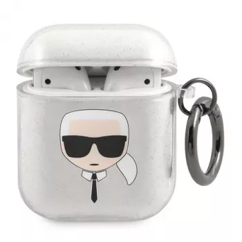 Karl Lagerfeld KLA2UKHGS AirPods 1/2 dėklas sidabrinis su blizgučiais Karl's Head