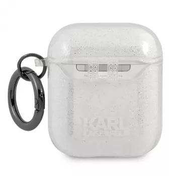 Karl Lagerfeld KLA2UKHGS AirPods 1/2 dėklas sidabrinis su blizgučiais Karl's Head