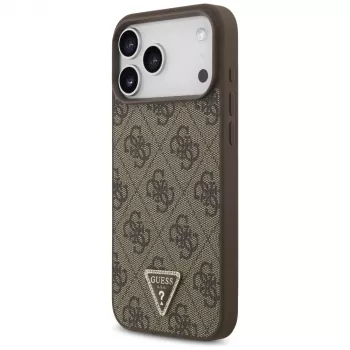 GUESS Leather 4G Triangle Strass MagSafe dėklas, skirtas iPhone 18 Pro Max / 17 Pro Max - ruda