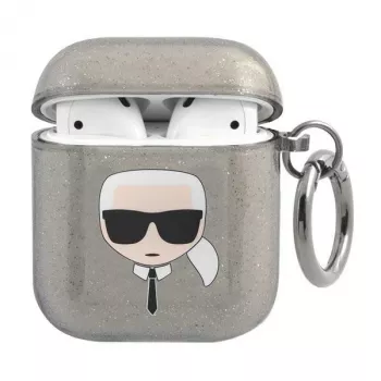 Karl Lagerfeld KLA2UKHGK AirPods 1/2 dėklas juodas su blizgučiais Karl's Head