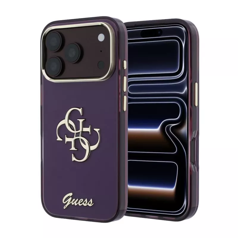 GUESS 4G Script Metal Back Cover Case, skirta Apple iPhone 18 Pro / 17 Pro - Burgundy