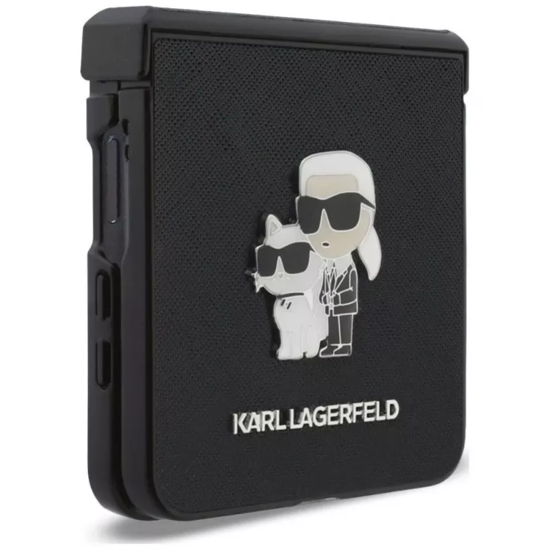 Karl Lagerfeld Karl & Choupette Saffiano Pins dėklas, skirtas Samsung Galaxy Z Flip5 - juoda