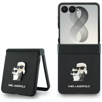 Karl Lagerfeld Karl & Choupette Saffiano Pins dėklas, skirtas Samsung Galaxy Z Flip5 - juoda