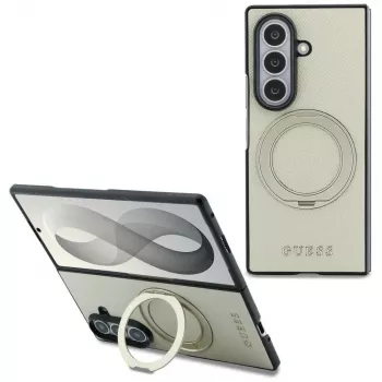 Guess Magnetic Ring Stand Grūdėtos odos Classic Logo MagSafe dėklas, skirtas Samsung Galaxy Z Fold 8 Ultra (smėlio spalvos)