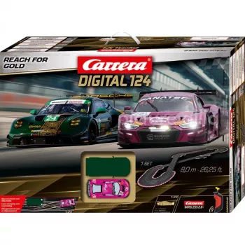 Carrera DIGITAL 124 Reach for Gold lenktynių rinkinys su 1:24 mastelio automobiliais, 2 automobiliai ir belaidžiai valdikliai