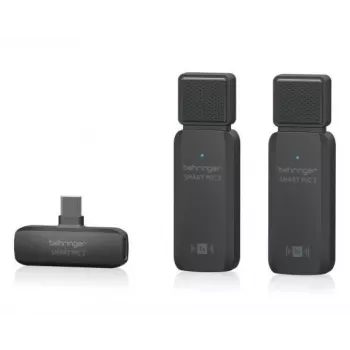 Behringer SMART MIC 2 belaidė išmaniojo telefono mikrofonų sistema su Lightning, USB-C ir 3,5 mm jungtimis, 2,4 GHz skaitmeninė, įvairiakryptis kondensatorinis, iki 100 m atstumas, 7 h baterija, įskaitant lavalier įvestį, vėjo gaubtą ir nešiojimo dėklą