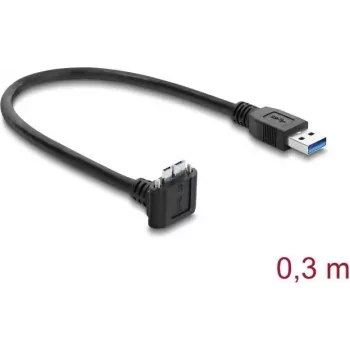 Delock USB 5 Gbps laidas USB Type-A kištukas į USB Micro-B kištuką su fiksavimo varžtais 90° į viršų 0,3 m juodas