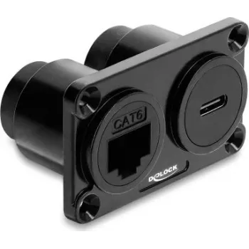 Delock dvigubas skydelio tvirtinimo adapteris USB 10 Gbps USB Type-C™ moteriškas PD 100 W + RJ45 moteriškas Cat.6 juodas