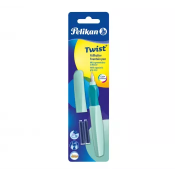 Pelikan Twist P457 plunksninis rašiklis, mėtų spalvos, vidutinio storio plunksna, nerūdijantis plienas, užpildymas kasetėmis, tinkamas abiem rankoms, Vokietija