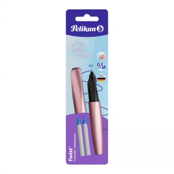 Pelikan Twist plunksnakojis rašiklis rožinės-mėlynos spalvos, vidutinio rašalo plunksna - ergonomiška rankena tiek dešiniarankiams, tiek kairiarankiams, lizdinė pakuotė