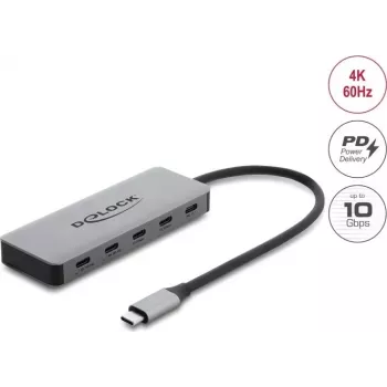 Delock 2 prievadų USB 10 Gbps šakotuvas su 2 prievadų USB-C 4K ir PD 3.0 100 W