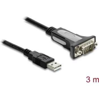 Delock USB 2.0 Type-A į RS-232 serijinio adapterio laidas su DB9 vyrišku jungtimi ir prisukamomis veržlėmis, 3 m