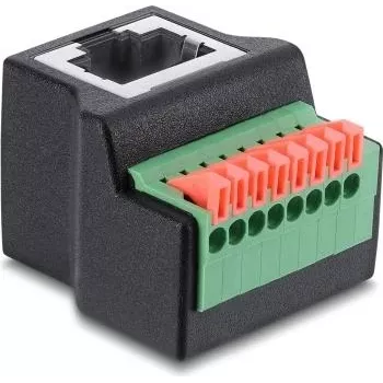 Delock RJ45 moteriška į 8 kontaktų gnybtų bloko adapteris, 90° kampu, su mygtuku, juoda