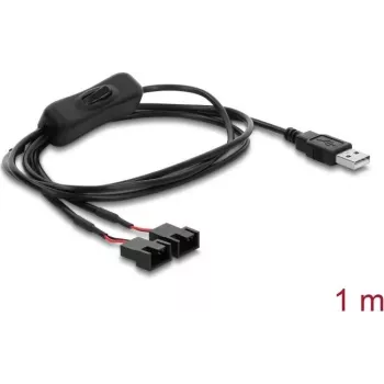 Delock USB Type-A vyriškas į 2 x 4 kontaktų ventiliatoriaus jungties kabelis su įjungimo/išjungimo jungikliu, 1 m, juodas