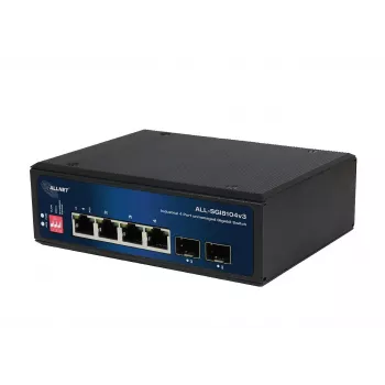 ALLNET ALL-SGI8104v3 pramoninis nevaldomas 2 lygio komutatorius, 6 prievadai GbE, 4x GbE RJ45, 2x SFP, be ventiliatoriaus, IP40