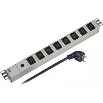 EFB Elektronik 691697 1U 19 colių stelažinis PDU, 8x IEC C13 lizdai, 10A, 250V, aliuminio korpusas, įjungimo/išjungimo jungiklis