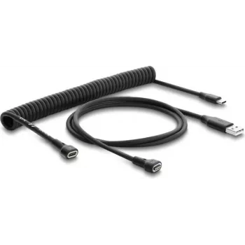 Delock magnetinis spiralinis kabelis USB 2.0 Type-A kištukas į Pogo 4 Pin kištuką + USB Type-C kištukas į Pogo 4 Pin lizdą adapterių rinkinys juodas 1,5 m