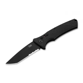 Heckler & Koch FD01 automatinis Tanto D2 sulankstomas peilis, juoda aliuminio rankena, D2 plieno ašmenys, mygtuko užraktas, 85 mm ašmenys