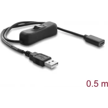Delock USB maitinimo laidas, Type-A vyriškas į USB Type-C moterišką su jungikliu, 0,5 m