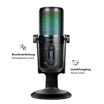 LogiLink USB kondensatorinis mikrofonas su RGB apšvietimu, kardioidinis/omnidirectional, 20 Hz - 20 kHz, juodas (HS0059)