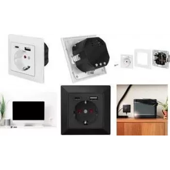 LogiLink PA0262B sieninis lizdas su 1 Schuko kištukiniu lizdu, 1 USB-A ir 1 USB-C įkrovikliu, juodos spalvos