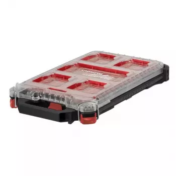 Milwaukee PACKOUT Slim Organizer Medium 8277387 - IP65 atsparus vandeniui ir dulkėms, 10 išimamų dėklų, skaidrus polikarbonato dangtis, metaliniai sustiprinti užraktai, raudonas/juodas