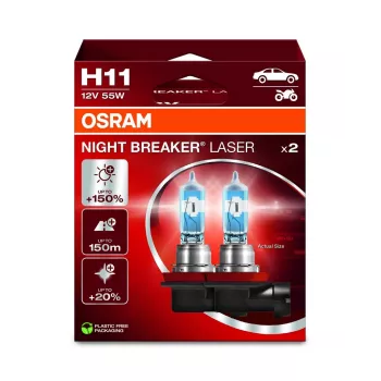 OSRAM NIGHT BREAKER LASER H11 Halogeninė lemputė, dviejų vnt. pakuotė, 12V 55W PGJ19-2, iki 150% šviesesnė, 150m ilgesnis spindulys, 3900K