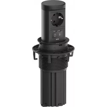 Bachmann ELEVATOR2 įleidžiamas stalo maitinimo modulis su Schuko lizdu ir 45W USB-C PD, juodos spalvos, 0,5m laidas