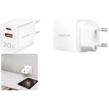 LogiLink PA0369 GaN 20W USB sieninis įkroviklis, 1x USB-C PD + 1x USB-A QC, baltas