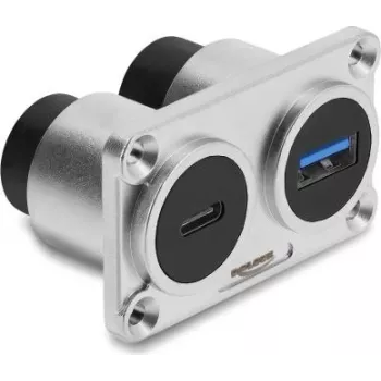 Delock Dual Panel Mount USB 3.2 Gen 1 Type-A Female + USB 3.2 Gen 2 Type-C Female su 100 W Power Delivery, sidabrinis