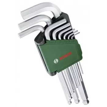 BOSCH 9 dalių šešiabriaunių raktų rinkinys su spalvomis pažymėtais L formos raktais, rutuliniu galu ir laikymo funkcija, metrinis 1,5-10 mm, BlackLaser apdaila, segtuko laikiklis