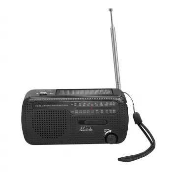 LogiLink Dynamo rankinės sukimosi radijas su saulės baterija, AM/FM, USB-C įkrovimu, LED žibintuvėliu, SOS signalu, power bank, juodos spalvos