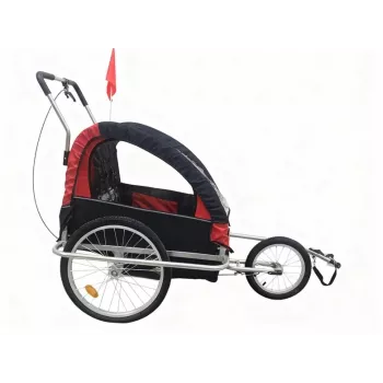 Dviračio priekaba vaikams BT002 – 2 vietų plieninis rėmas su 5 taškų diržais, 20 inch pneumatiniais ratais, lietaus ir vabzdžių dangčiu, juoda/raudona