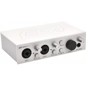 ESI Neva OTG 2x2 USB-C garso sąsaja su 24 bitų/192 kHz, XLR/TRS kombinuotu, Hi-Z, +48V fantominiu maitinimu, tiesioginiu monitoravimu, maitinama iš magistralės, skirta PC, Mac, iOS, Android