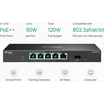 TP-Link Omada Easy Managed 5 prievadų 2.5G PoE++ komutatorius su 10G SFP+ uplink (ES206XPP-M2)