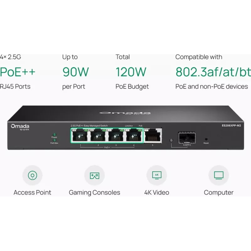 TP-Link Omada Easy Managed 5 prievadų 2.5G PoE++ komutatorius su 10G SFP+ uplink (ES206XPP-M2)