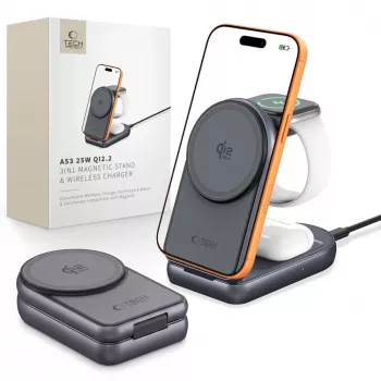 TECH-PROTECT A53 3-in-1 magnetinis MagSafe belaidis įkroviklis 25W Qi2.2 tamsiai pilkas