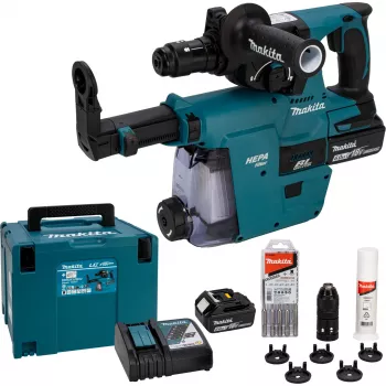 Makita DHR243JWX2 18V bešepetėlis SDS-Plus 3 režimų belaidis rotacinis plaktukas gręžtuvas su 2x 5,0Ah baterijomis, įkrovikliu ir Makpac dėklu