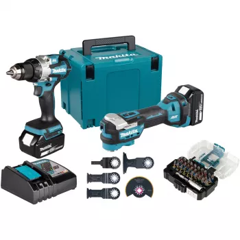 Makita DLX2592JX1 18V LXT bešepetėlis 2 dalių kombinuotas rinkinys su kombinuotu gręžtuvu, smūginiu suktuvu, 2x 5.0Ah baterijomis, greito įkrovimo įkrovikliu ir Makpac dėklu
