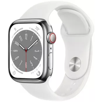 Apple Watch Series 8 GPS + Cellular 41mm nerūdijančio plieno korpusas su sportine apyranke, sidabrinė/balta (MNJ53EL/A)