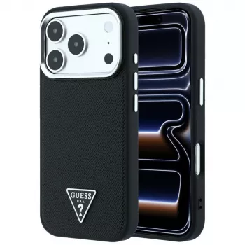 Guess Grained Triangle Logo MagSafe dėklas, skirtas iPhone 17 Pro / 18 Pro - juoda