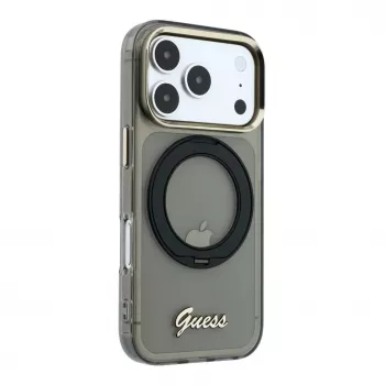 Guess IML Ring Stand 360 Script Metal Logo MagSafe dėklas, skirtas iPhone 17 Pro / 18 Pro - juodos spalvos