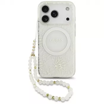 GUESS IML Flowers Allover Electroplated MagSafe dėklas su perlų dirželiu, skirtas iPhone 18 Pro / 17 Pro - baltas