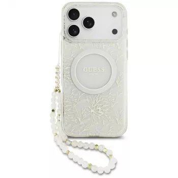 GUESS IML Flowers Allover elektrolituotas dėklas su perlų dirželiu MagSafe, skirtas iPhone 18 Pro Max / 17 Pro Max, baltas