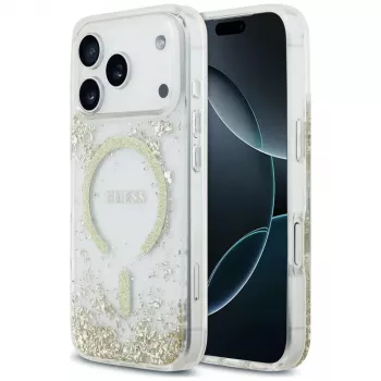 Guess Resin Bottom Glitter MagSafe dėklas, skirtas iPhone 18 Pro / 17 Pro, auksinės spalvos