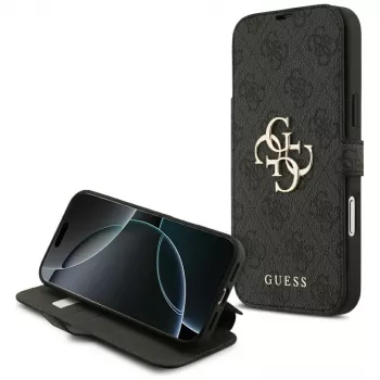 Guess Book 4G Metal Logo dėklas, skirtas iPhone 18 Pro Max / 17 Pro Max, juodos spalvos