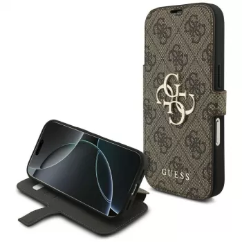 Guess Book 4G Metal Logo dėklas, skirtas Apple iPhone 18 Pro / 17 Pro – ruda