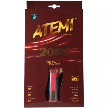 ATEMI 2000 Pro Concave stalo teniso raketė – ITTF patvirtinta ACE guma, 5 sluoksnių Limba/Abachi lenta, puolimo greitis 92