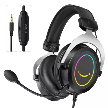 FIFINE H3 AmpliGame RGB laidinis ausinių su mikrofono atjungimu, 50 mm tvarkyklės, USB-A, juoda