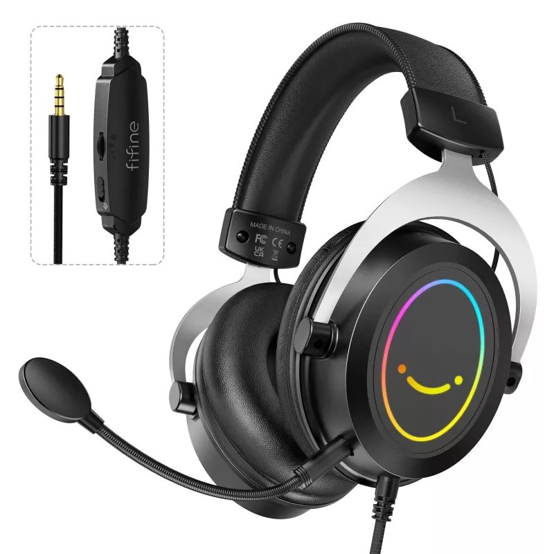 FIFINE H3 AmpliGame RGB laidinis ausinių su mikrofono atjungimu, 50 mm tvarkyklės, USB-A, juoda